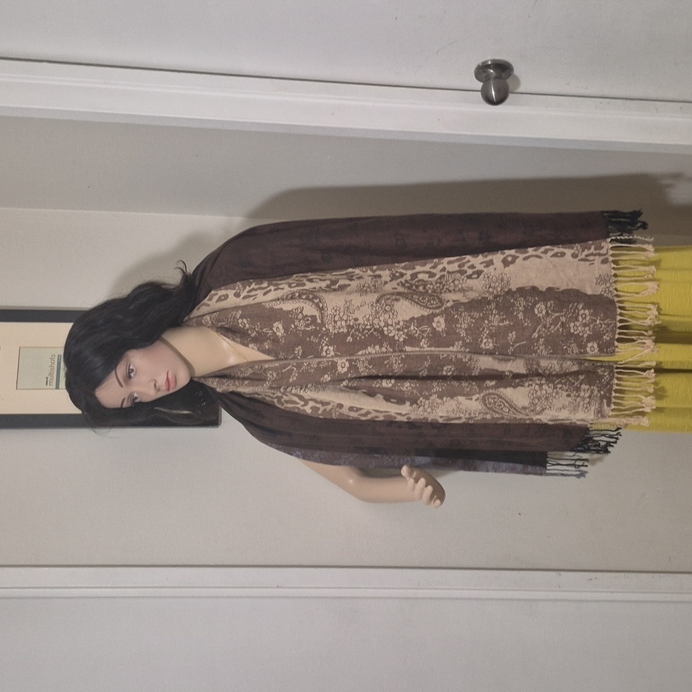 100% Pashmina Shawl scarf with parsley and floral designs in gold,brown,and grey